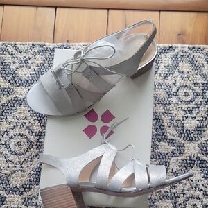 Women's Silver Strappy Low Block Heel Sandals